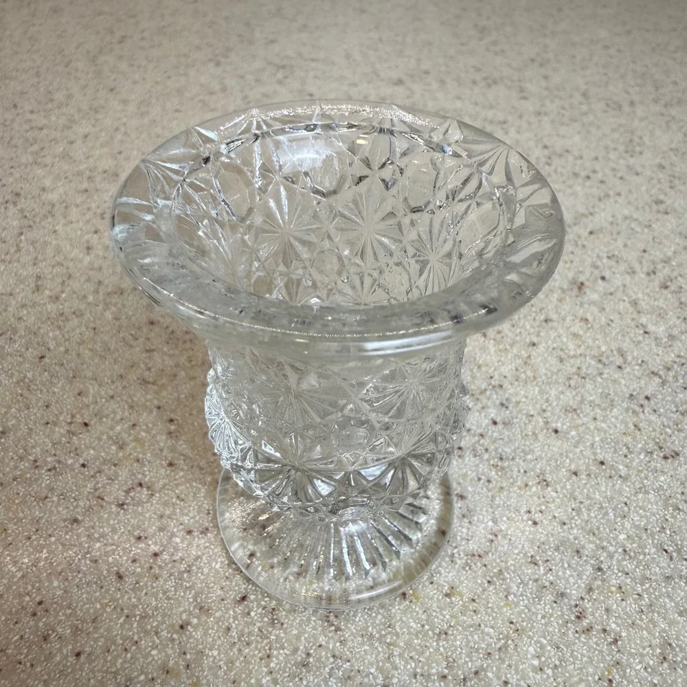 VTG Clear Pressed Glass Pedestal Toothpick Holder Starburst Pattern 2.5
